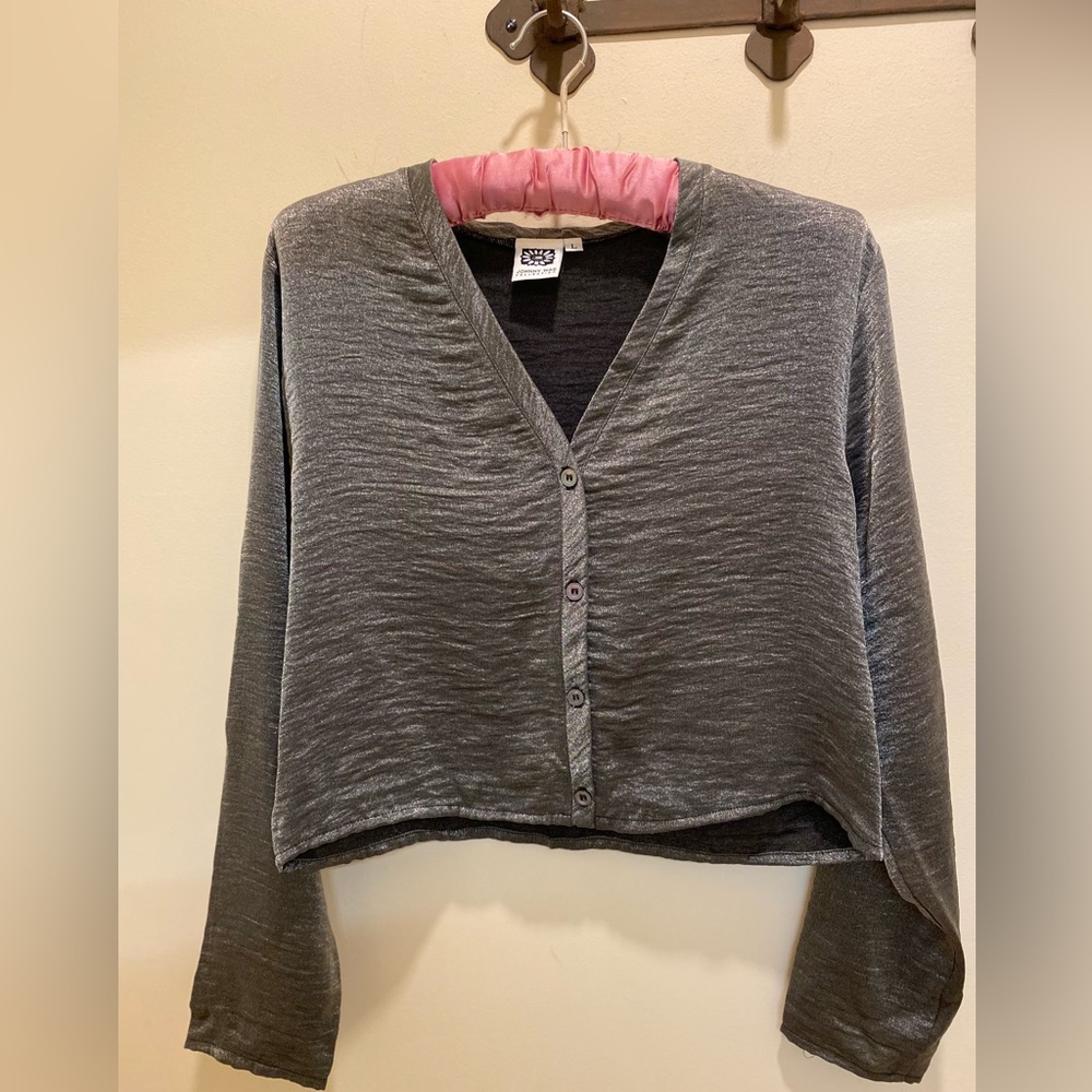 JOHNNY WAS COLLECTION pewter color cardigan. Size large.